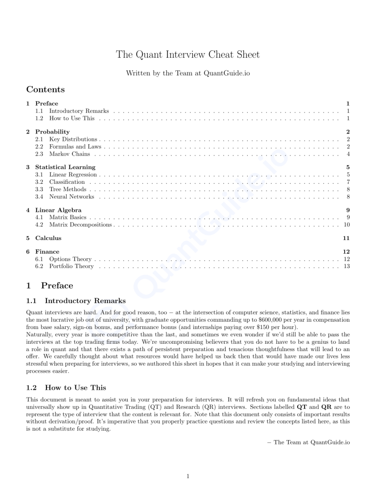 Quant Interview Cheat Sheet