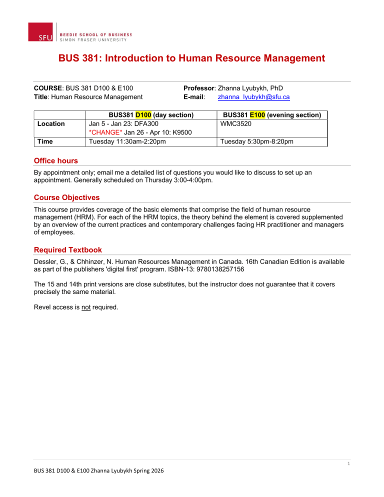 BUS 381 Human Resource Management Syllabus