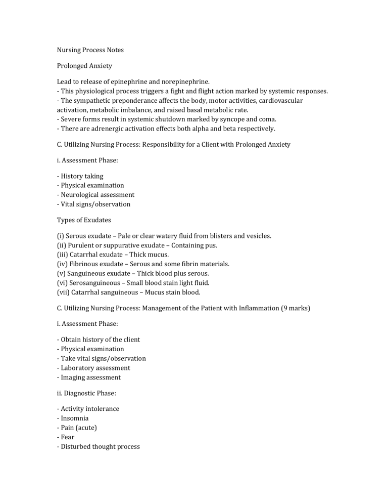 Nursing Process Notes Nursing Process Notes: Anxiety & Inflammation