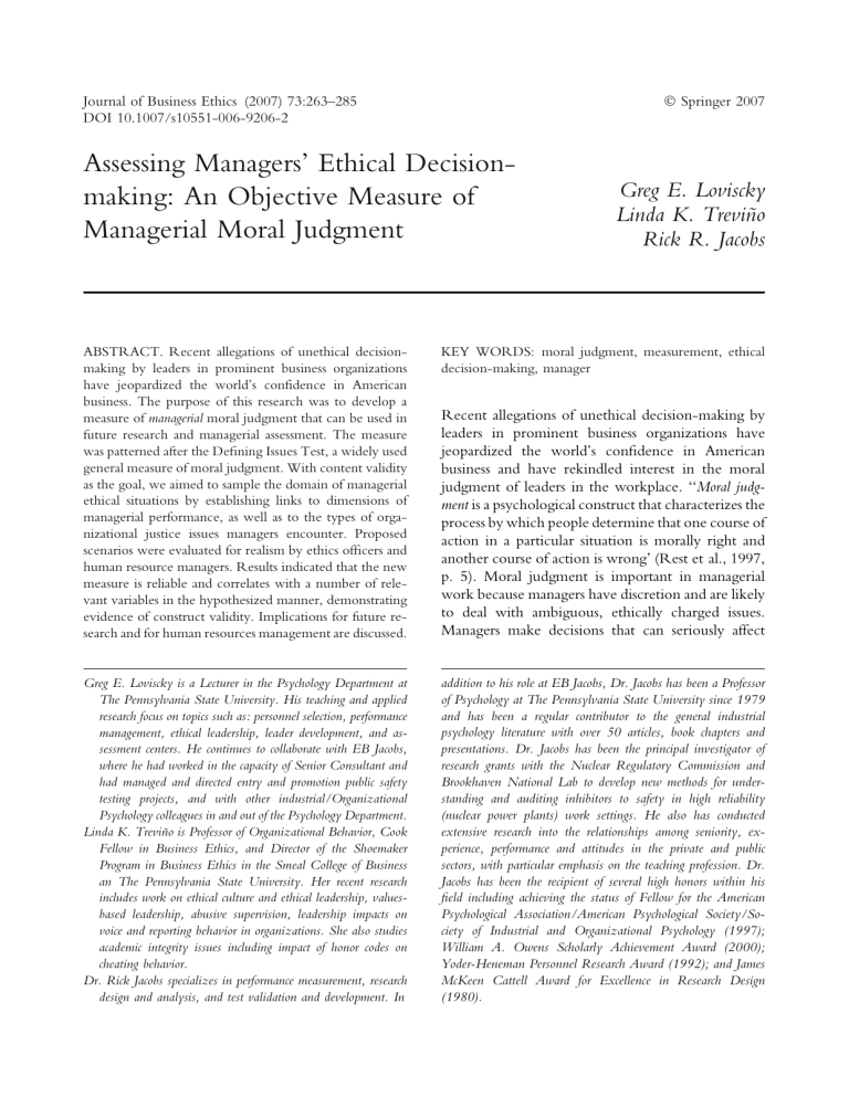 Managerial Judgment MMJT: A Measure of Managerial Moral Judgment