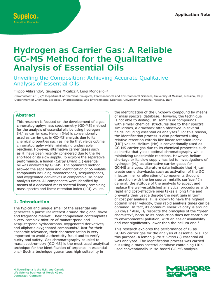 GC-MS Analysis of Essential Oils with Hydrogen