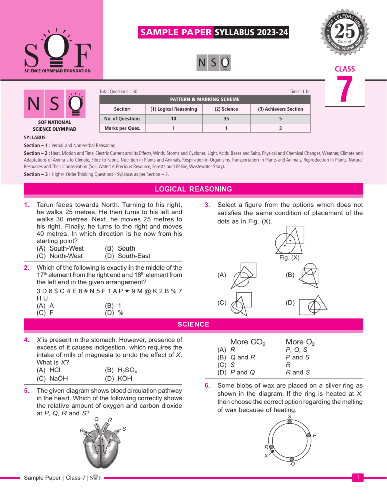 NSO Class 7 Science Olympiad Sample Paper 2023-24