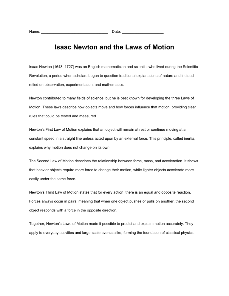 Newton's Laws of Motion Worksheet