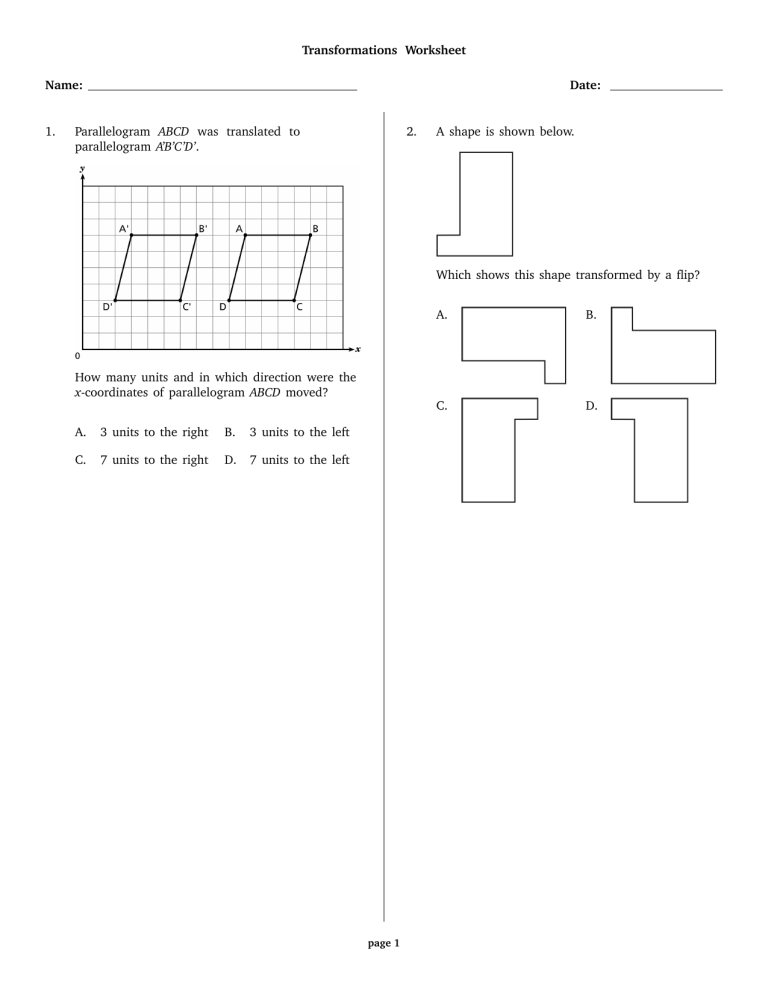Geometry Transformations Worksheet