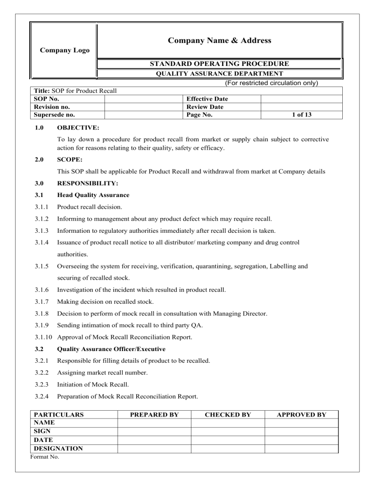 SOP for Product Recall Procedure