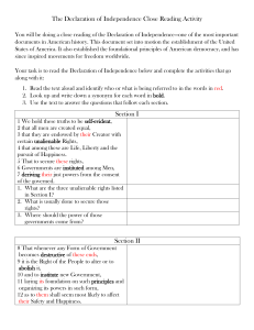 Declaration of Independence Close Reading Worksheet