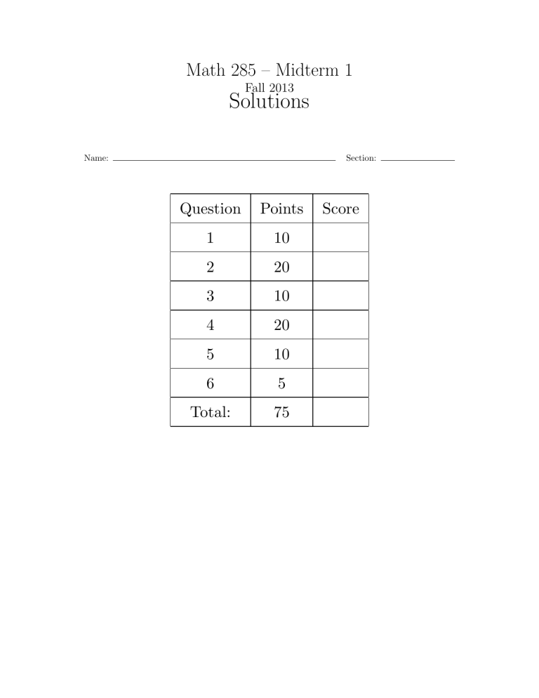 Math 285 Midterm 1 Solutions