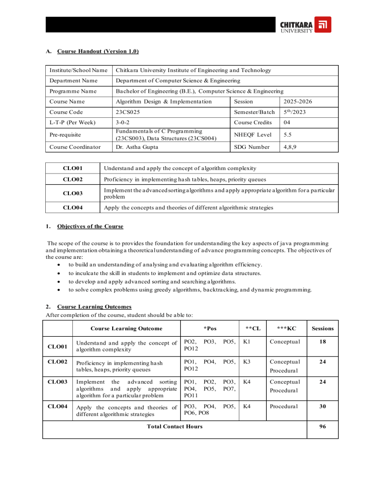 Algorithm Design Course Plan Chitkara University