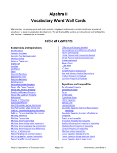 Algebra II Vocabulary Word Wall Cards
