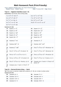 Algebra Identities & Decimal Division Worksheet