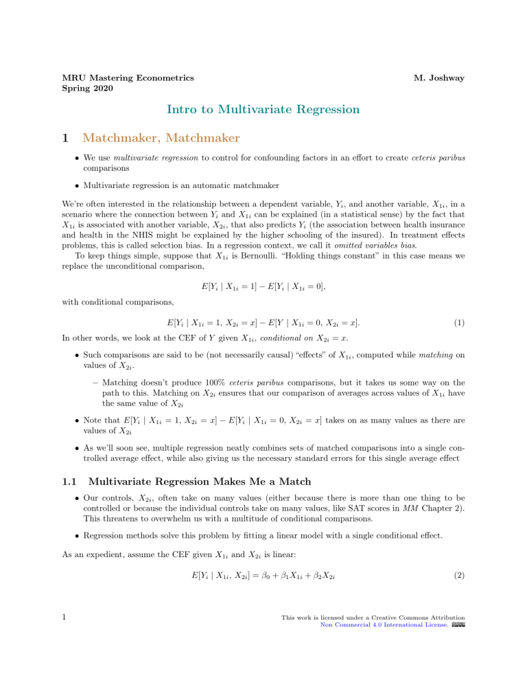 Intro to Multivariate Regression Lecture Notes