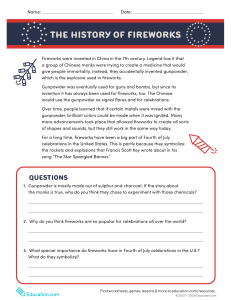 History of Fireworks Worksheet