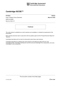 Cambridge IGCSE Physics 0625/22 Mark Scheme May/June 2022