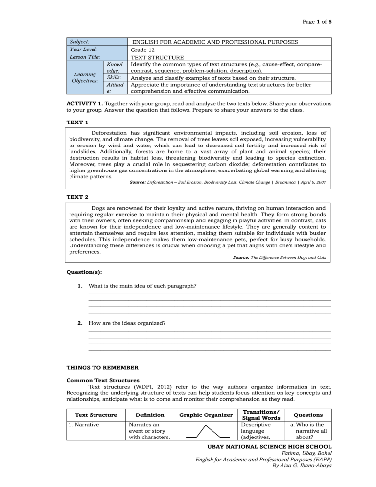 Text Structures Lesson Plan