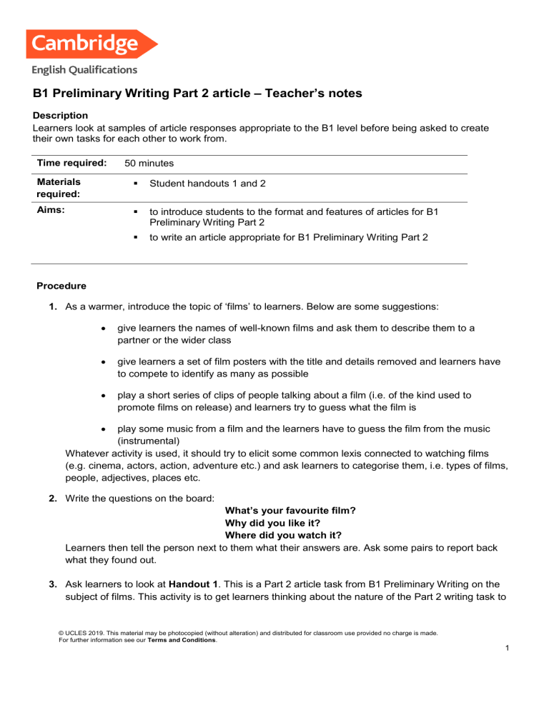 B1 Preliminary Writing Teacher's Notes
