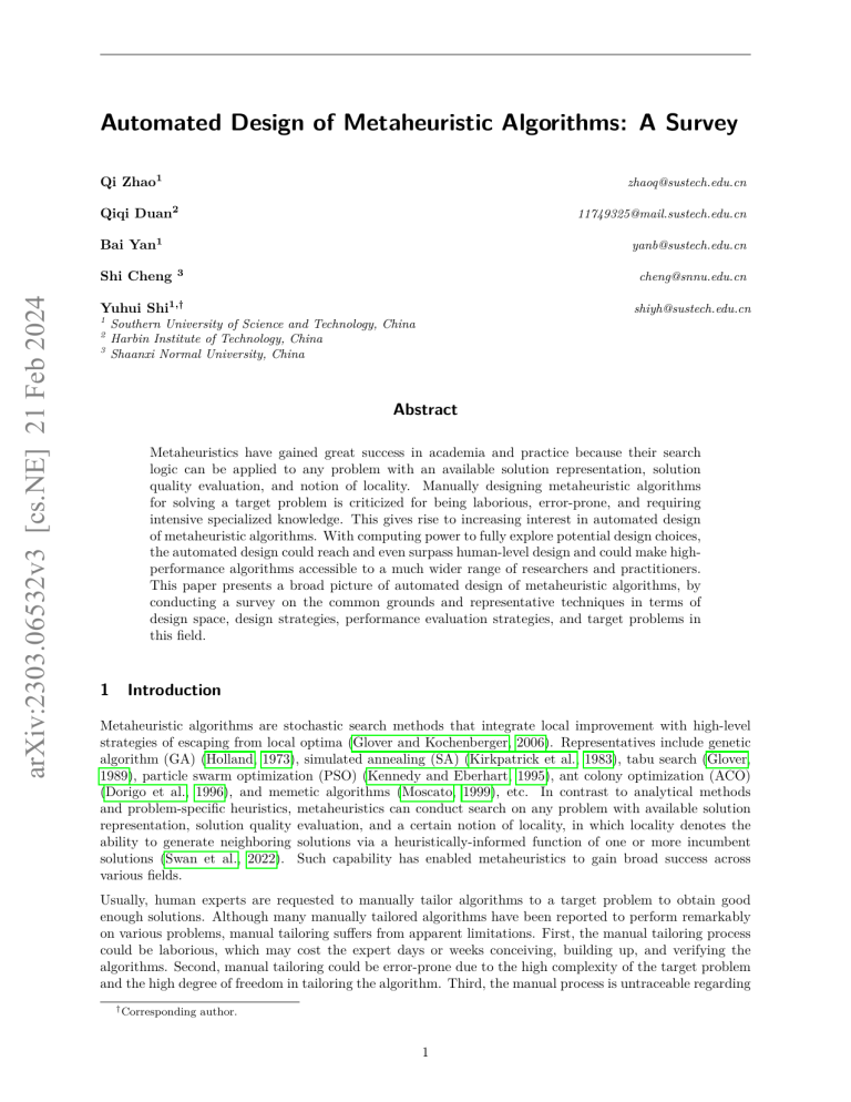 Automated Design of Metaheuristic Algorithms: A Survey