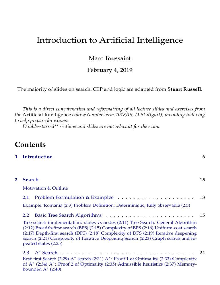 Introduction to Artificial Intelligence Lecture Slides