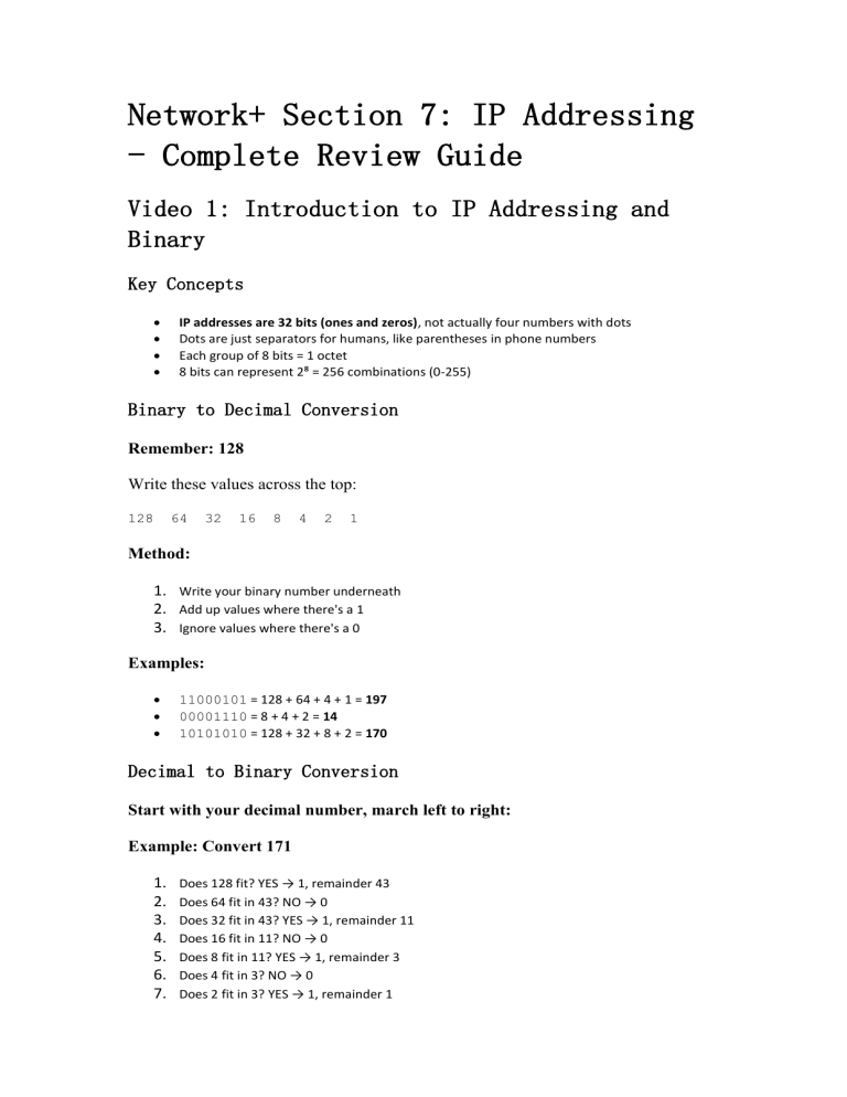 Network+ IP Addressing Study Guide