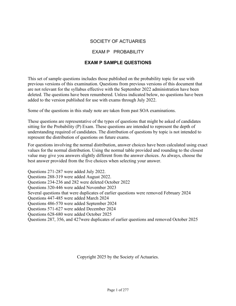Sample P Question SOA Exam P Sample Questions 2025