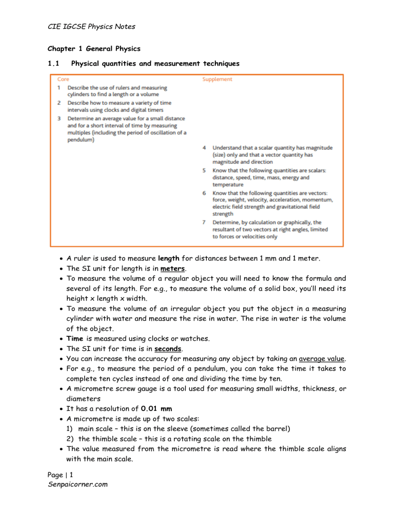 CIE IGCSE Physics Chapter 1 Notes