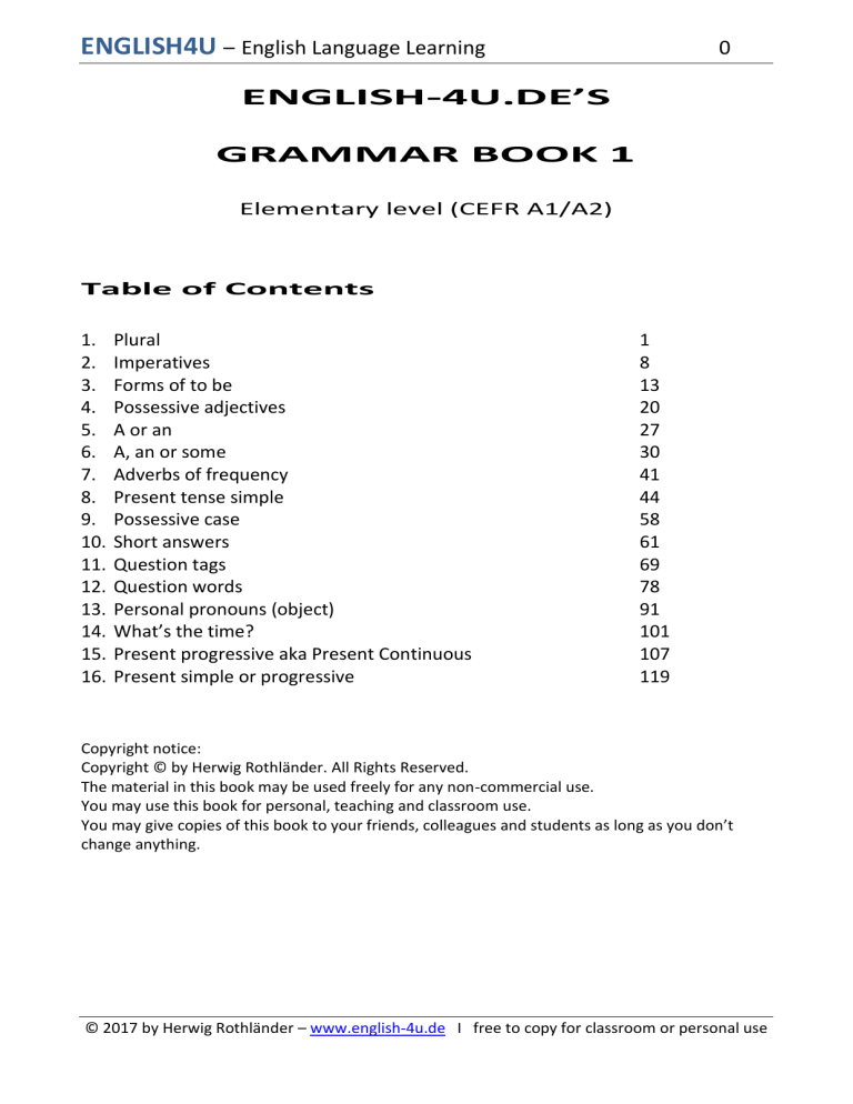 English Grammar Book 1 Elementary Level A1/A2
