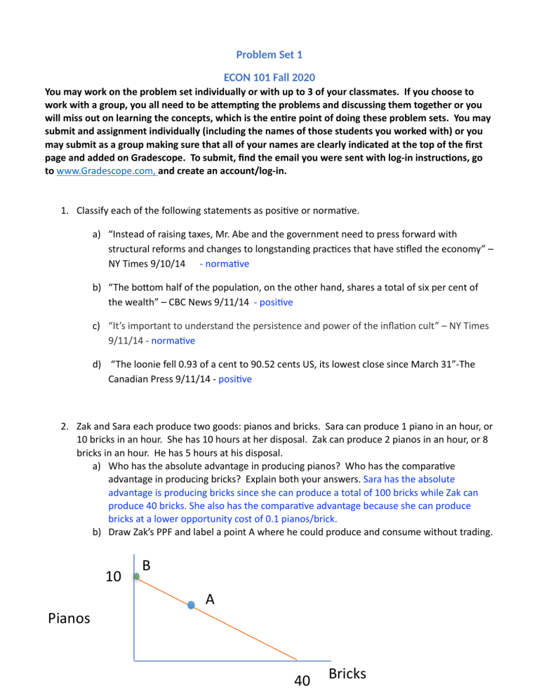 ECON 101 Problem Set on Comparative Advantage