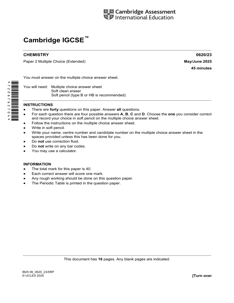 Cambridge IGCSE Chemistry 0620/23 M/J 25 Past Paper