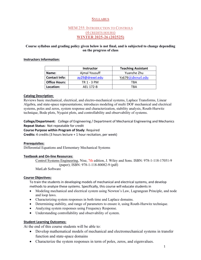 MEM 255: Introduction to Controls Syllabus