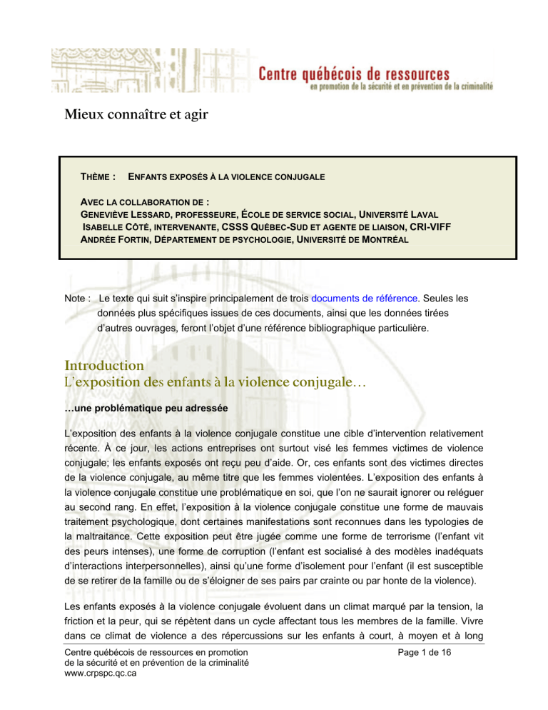 Enfants et Violence Conjugale : Guide d'Intervention