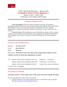 PSYC 100 Syllabus: Introduction to Psychology I, SFU Spring 2025