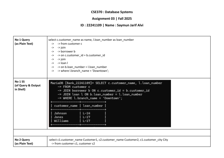 CSE370 Database Systems Assignment SQL Queries