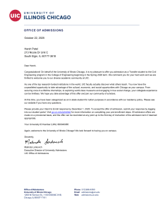 UIC Admission Offer Letter for Civil Engineering Transfer Student