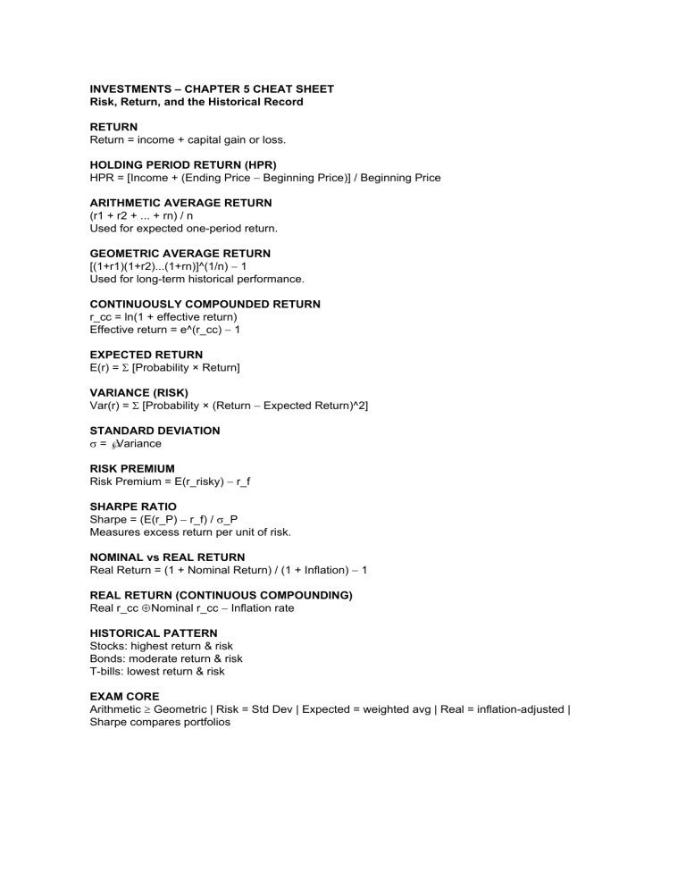 Investments Chapter 5 Cheat Sheet: Risk and Return Formulas