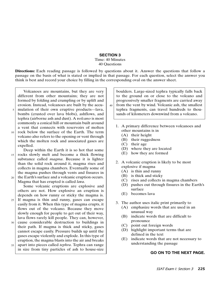 SSAT Exam I Section 3: Volcanoes Reading Passage
