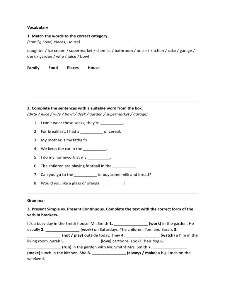 English Grammar & Vocabulary Worksheet