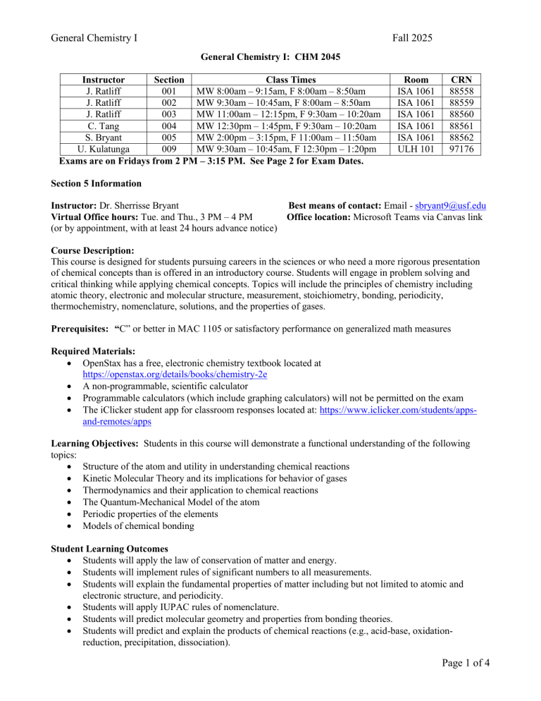 General Chemistry I CHM 2045 Syllabus Fall 2025