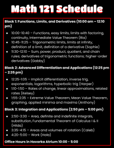 Math 121 Calculus Study Schedule