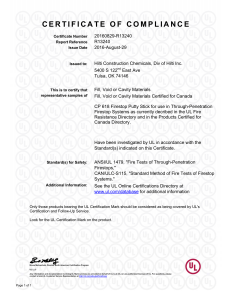UL Certificate of Compliance for Hilti Firestop Putty Stick