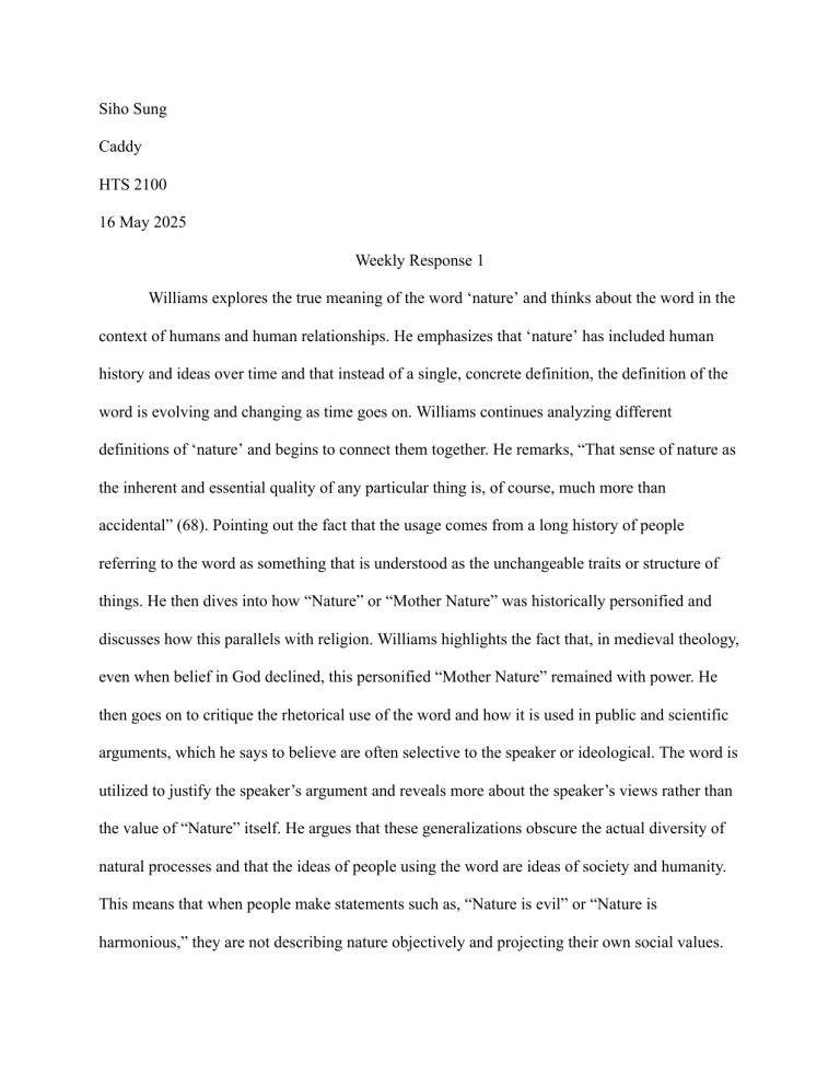 Analysis of 'Nature' in Williams's Work