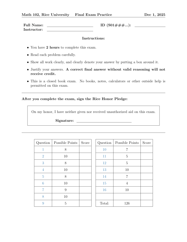 Rice University Math Math 102 Final Exam Practice | Rice University