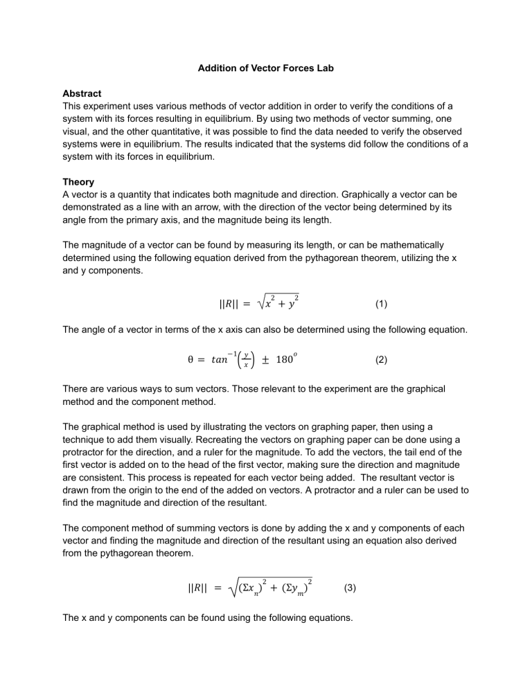 Addition of Vector Forces Lab: Equilibrium Experiment