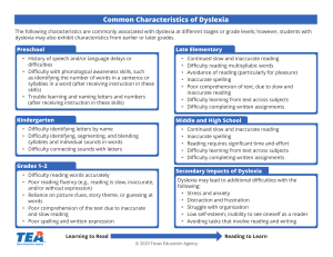 Common Characteristics of Dyslexia by Texas Education Agency