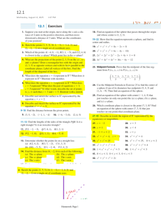 Calculus 12.1 Exercises: 3D Coordinates & Surfaces