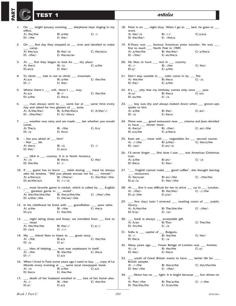 English Articles Test 1 Grammar Exercises