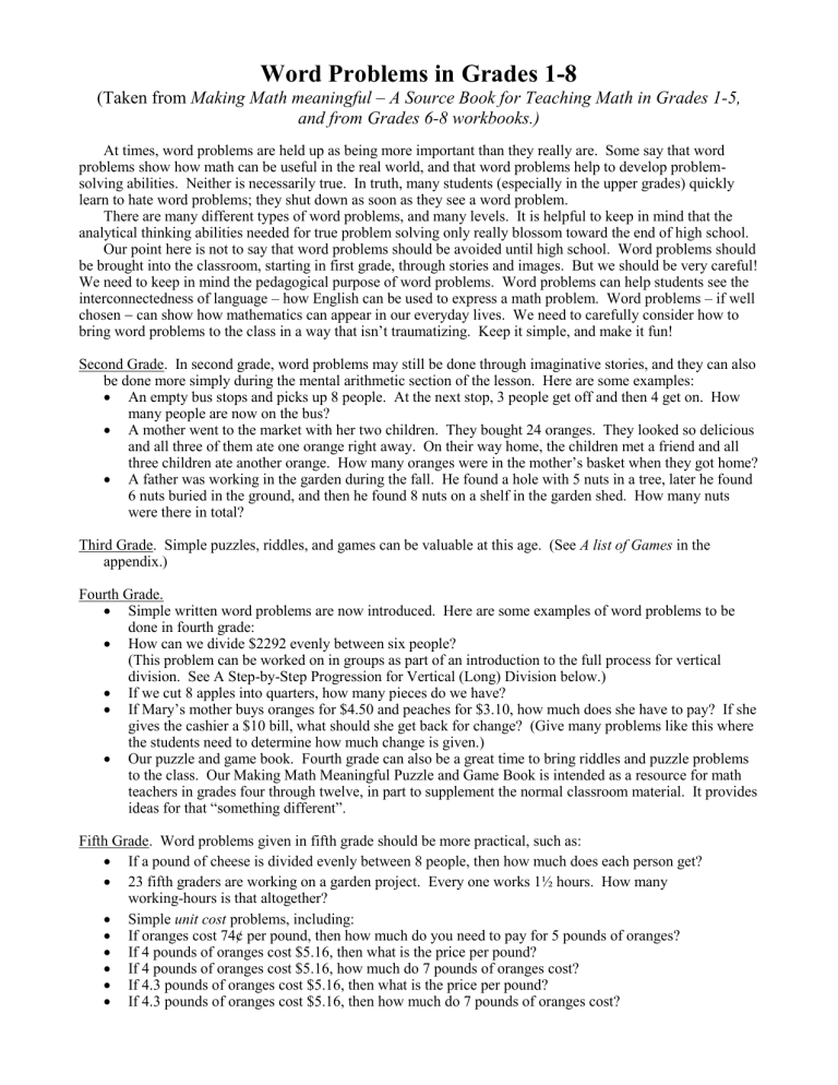 Math Word Problems Grades 1-8: A Teaching Guide