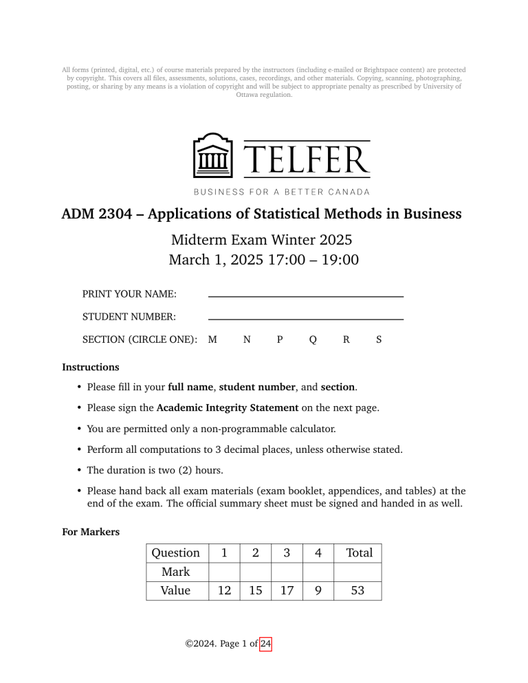 ADM 2304 Midterm Exam 2025: Business Statistics