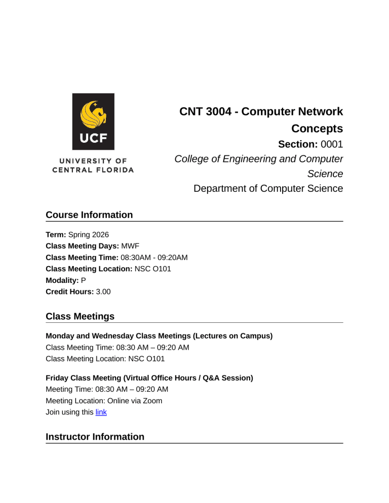 UCF CNT 3004 Syllabus: Computer Network Concepts