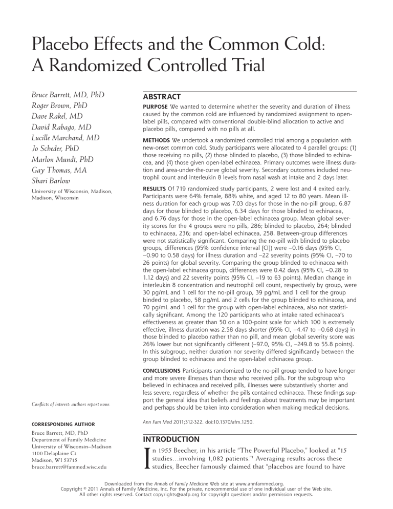 Bad Rct Placebo Effects and the Common Cold: RCT Study