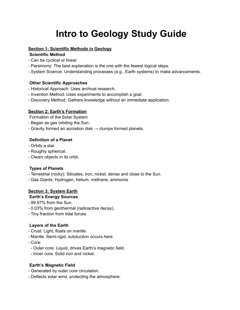 Intro to Geology Study Guide
