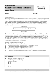 Oxidation Numbers and Redox Equations Worksheet